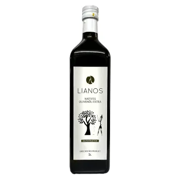 Griechisches Olivenöl nativ extra LIANOS in der 1 Liter Glasflasche aus der Ölmühle Lianos auf dem Peloponnes